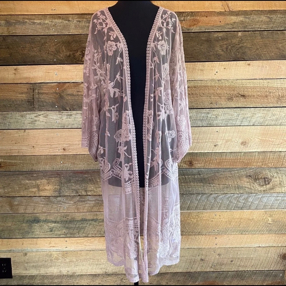 Blush Pink Boho Kimono by She+Sky Size M/L Sheer Lace Floral Pattern - Picture 2 of 7